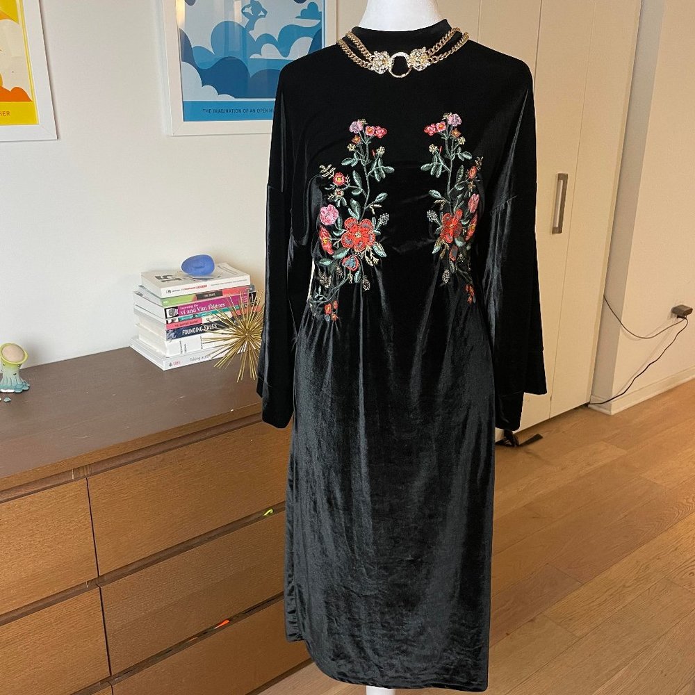 Zara Black Velvet Maxi Dress with Multicolor Floral Embroidery